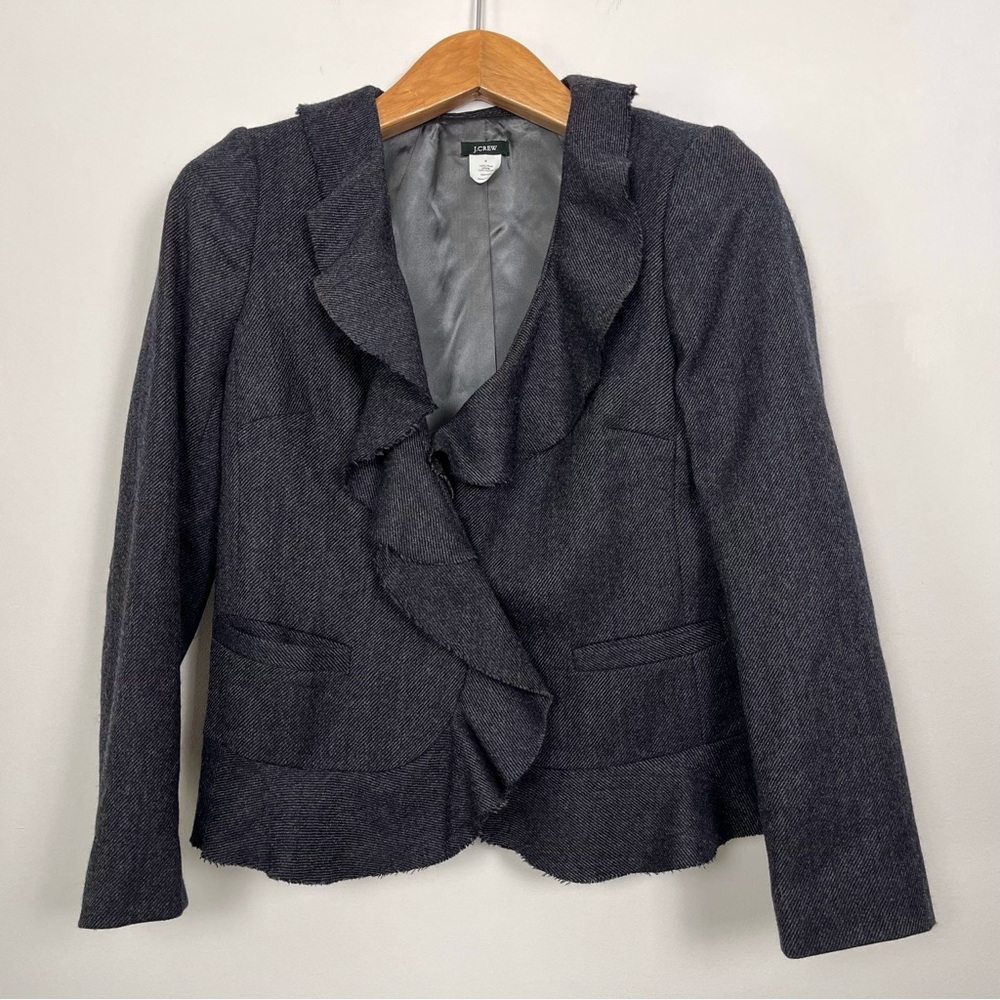 J. Crew Charcoal Ruffle-Trim 100% Wool Classic‎ Feminine Blazer Size 6